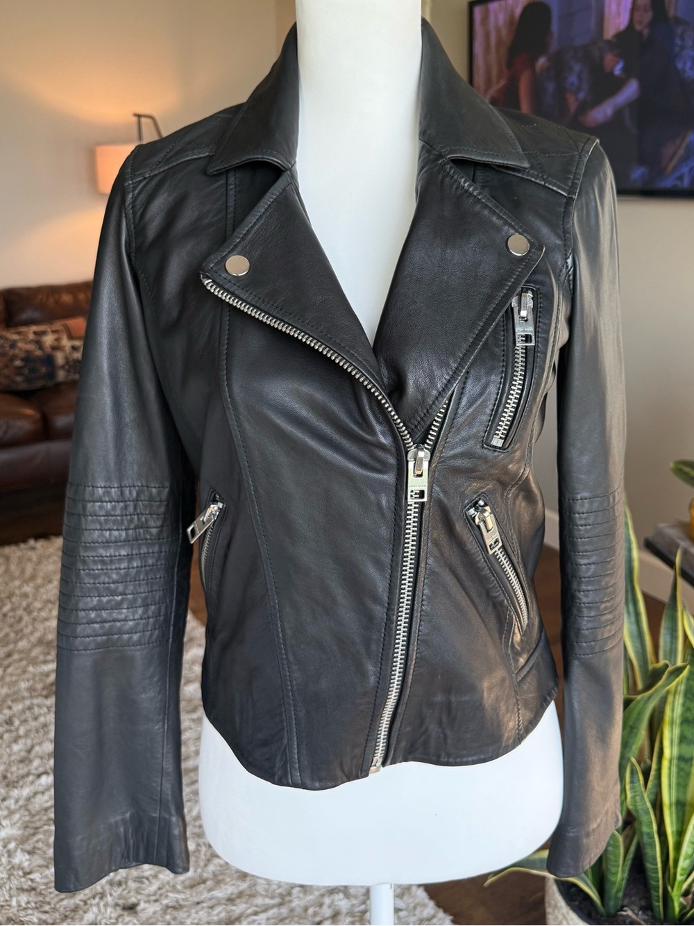 Lucky Brand Black Real Leather Moto Jacket, Size XS